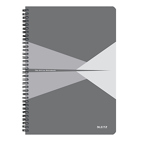 Cahier gris à spirale. Des formes géométriques et l'inscription "The Office Notebook" sont visibles sur la couverture.