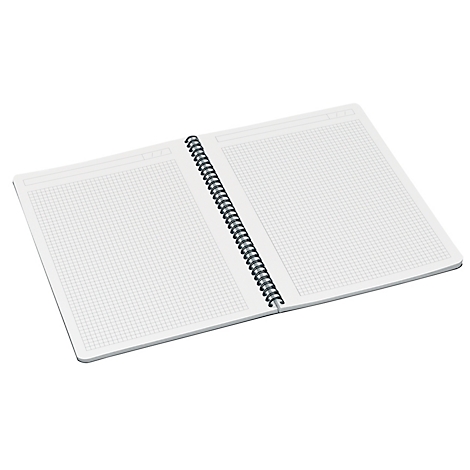Cahier blanc ouvert, reliure spirale, pages quadrillées.