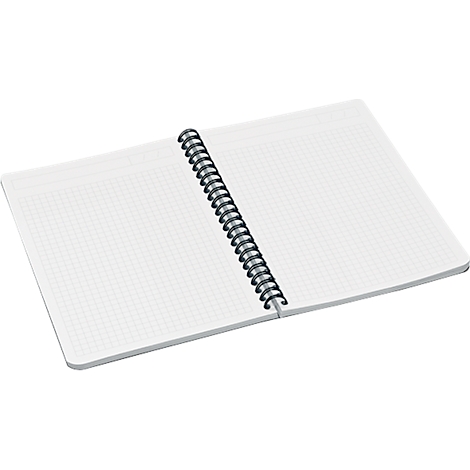 Cahier quadrillé ouvert avec reliure à spirale.