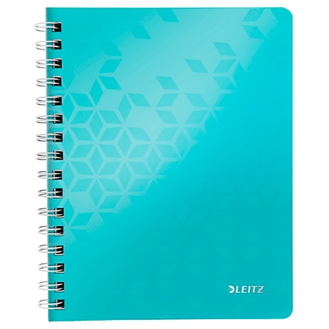 Cahier turquoise à spirales, motifs géométriques et logo LEITZ.