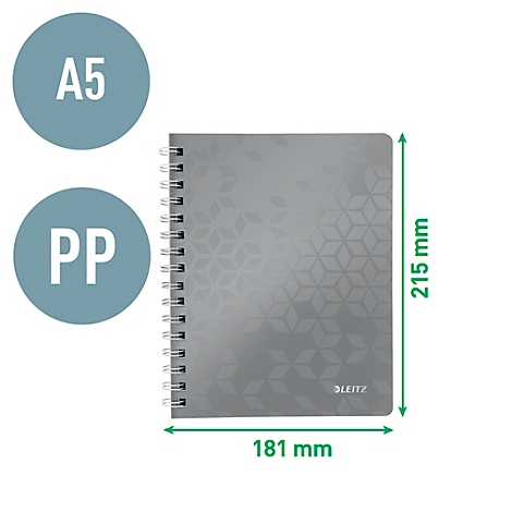 Cahier gris à spirale et motif géométrique. Les dimensions et les logos "A5" et "PP" sont visibles.