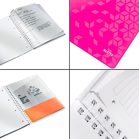 Collage de produits Leitz : carnet, sous-main, porte-brochure et détails de la reliure spirale.
