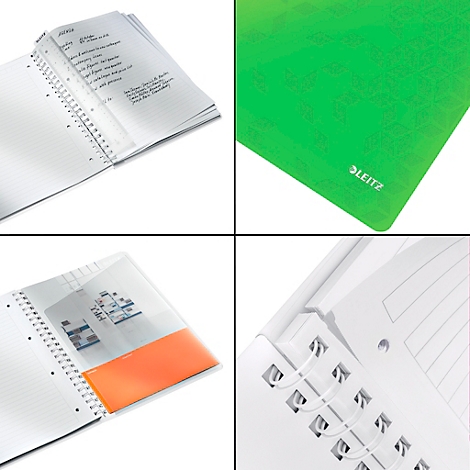 Quatre vues d'un bloc-notes. En haut à gauche : pages ouvertes. En haut à droite : couverture verte texturée. En bas à gauche : poche de rangement. En bas à droite : spirale.