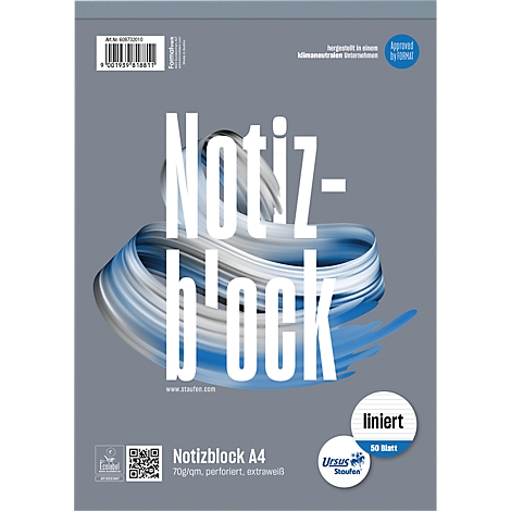 Bloc-notes avec grandes lettres, design bleu-gris, ligné, 50 feuilles.