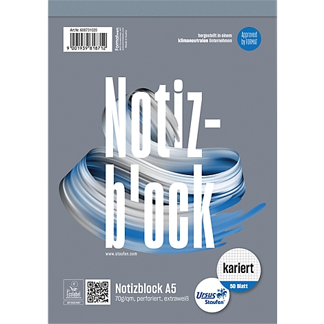 Un bloc-notes avec l'inscription "Notiz-block". Sur fond bleu-gris avec écriture blanche. "kariert" est indiqué en bas à droite.