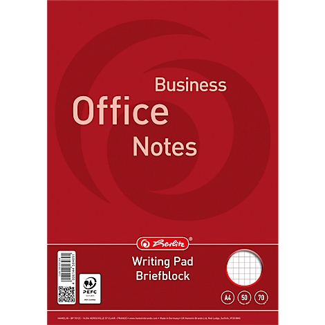 Bloc-notes rouge Herlitz avec l'inscription Business Office Notes et une découpe à motif quadrillé.