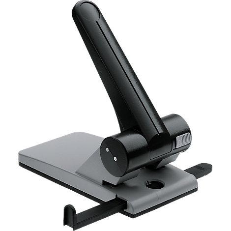 A gray and black hole puncher with a long handle. Close-up of the hole puncher.