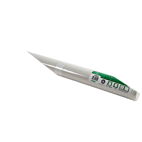 Produit blanc effilé, partiellement enveloppé dans une feuille transparente. Une étiquette verte avec des informations sur le produit est visible.