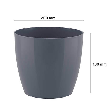 Grijze bloempot. Afmetingen: 200 mm diameter, 180 mm hoog.