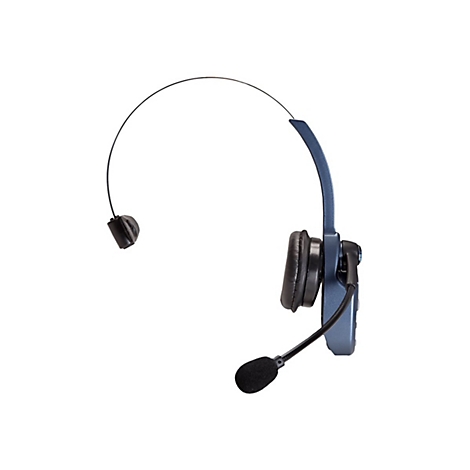 Blaues Headset mit Mikrofon und Ohrpolster vor weißem Hintergrund.