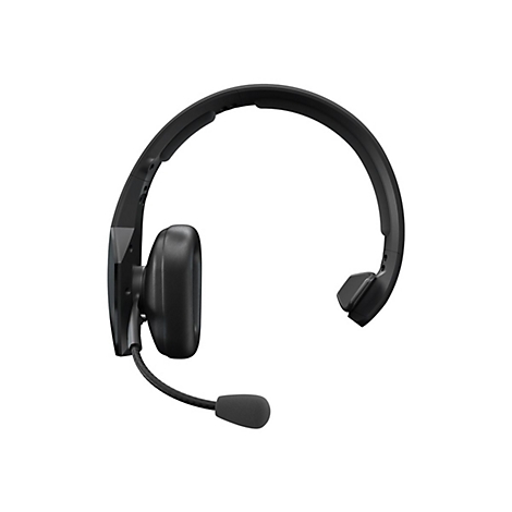 Schwarzes Headset mit Mikrofon, seitliche Ansicht, vor weißem Hintergrund.