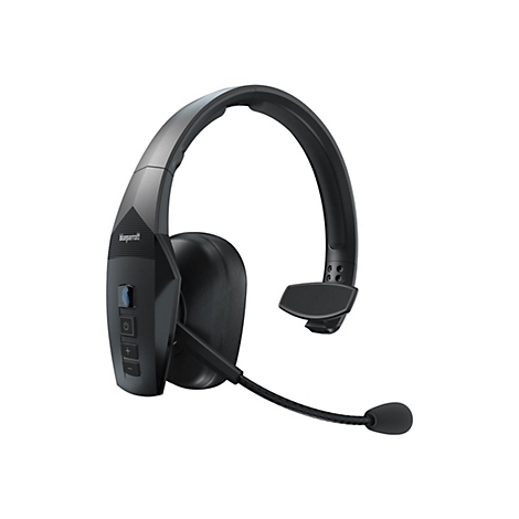 Schwarzes Bluetooth-Headset mit Mikrofon, auf weißem Hintergrund.