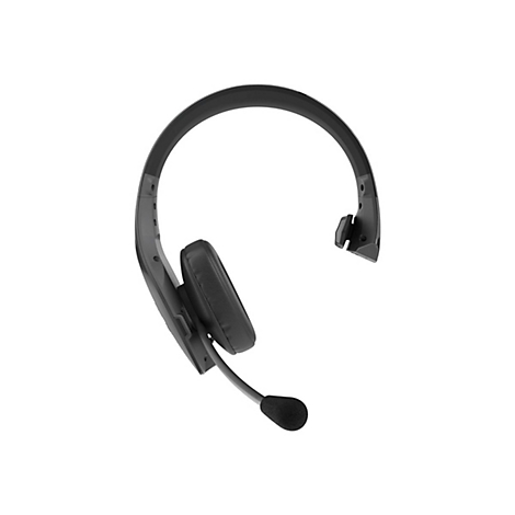 Ein schwarzes Headset mit Ohrmuschel, Mikrofon und Bügel vor weißem Hintergrund.