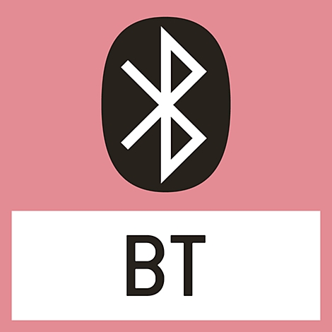Blaues Bluetooth-Symbol auf rosa Hintergrund, darunter steht 'BT' in einer weißen Box.