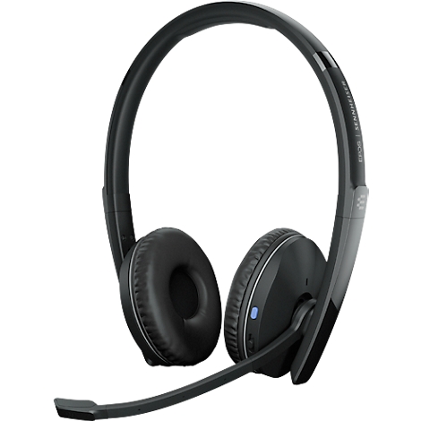 Black Sennheiser headset with microphone. Round ear pads, arched headband.