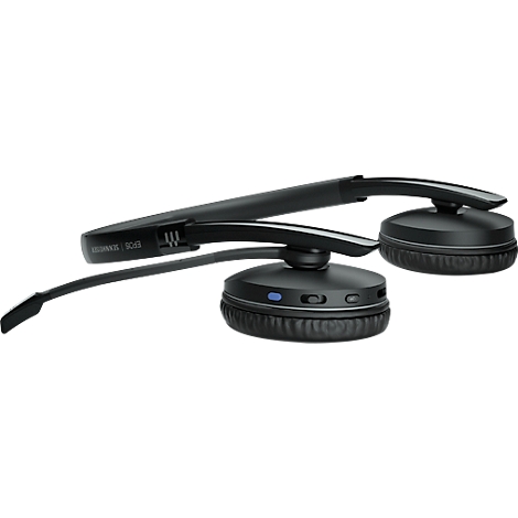 Black headset on a white background. The headset has two earcups, a headband and a microphone.