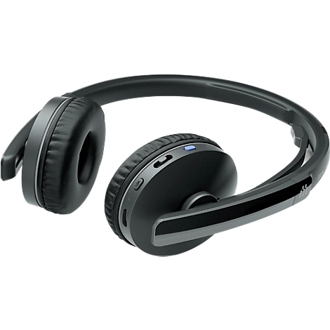 Black headphones, partially folded, with gray accents. A blue LED is visible on one earcup.