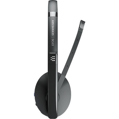 Black headset with a microphone and ear cup. Sennheiser and EPOS logos are visible.