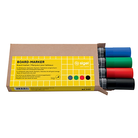Board-Marker Sigel, 4er Set, Rundspitze: 2-3 mm, leicht abwischbar, farbsortiert