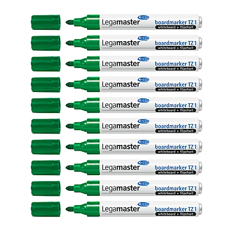 Zehn grüne Whiteboardmarker mit grünen Kappen auf weißem Hintergrund.