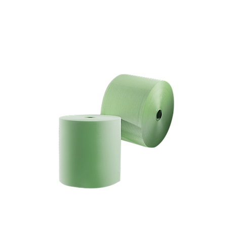Deux rouleaux de papier vert sur fond blanc. L'un est debout, l'autre est couché.