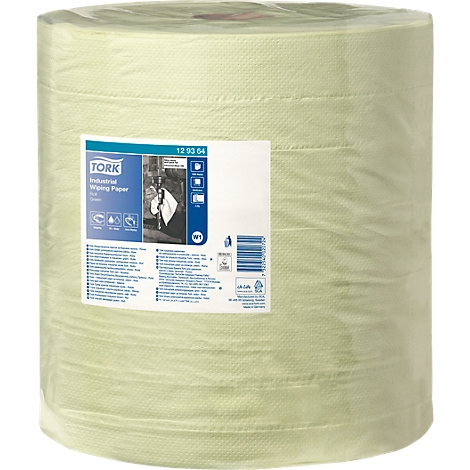 Rouleau de papier d'essuyage industriel, vert clair, avec étiquette TORK indiquant les informations sur le produit.