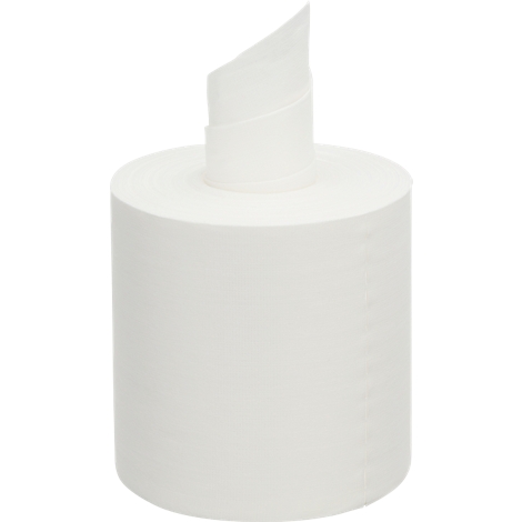 Papier toilette blanc, rouleau avec papier dépassant. Un triangle émerge du papier enroulé en haut.