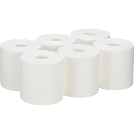 Six rouleaux de papier blancs, disposés en demi-cercle. Chaque rouleau a un trou au centre.