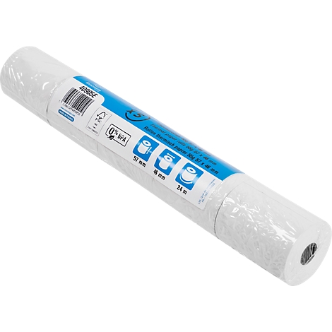 Rouleau de papier blanc en feuille. Impression avec informations et illustrations en bleu.