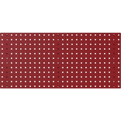 Rechthoekig, bordeauxrood bord met talrijke vierkante gaten, regelmatig gerangschikt.