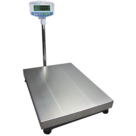 Industriewaage mit digitaler Anzeige, die 0.000 anzeigt, auf weißem Hintergrund.