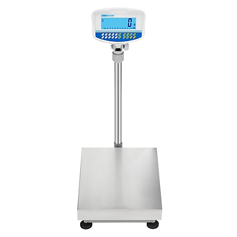 Digitale Waage mit Display und Bedienknöpfen. Die Waage steht auf einem Edelstahl-Plateau und ist mit einem Display ausgestattet. Der Bildschirm zeigt die Zahl Null an.