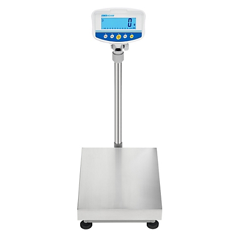 Eine digitale Waage mit blauem Display, silberner Säule und Platte. Auf dem Display steht „0.0“. Sie steht auf schwarzen Füßen.