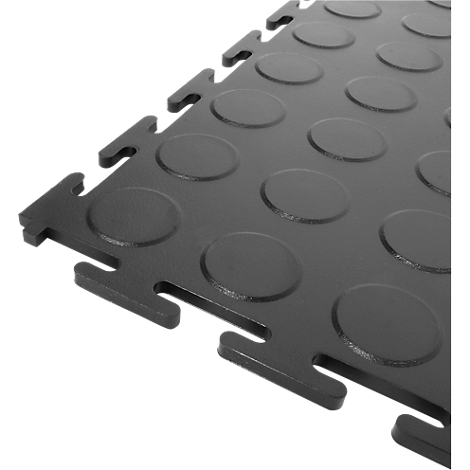 Schwarze, quadratische Bodenfliesen mit abgerundeten Noppen und einem ineinandergreifenden Rand.