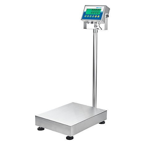 Industriewaage mit digitaler Anzeige, Edelstahl. Auf dem Display steht „0.0000“.