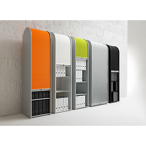 Colorful cabinets with roller shutters and folders in front.