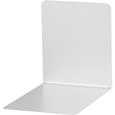 Een witte, metalen boekensteun. Hoekige vorm, met een horizontale en een verticale plaat.