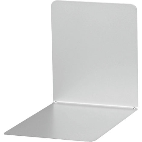 Zilverkleurige boekensteun, L-vorm. Minimalistisch design, gemaakt van metaal.