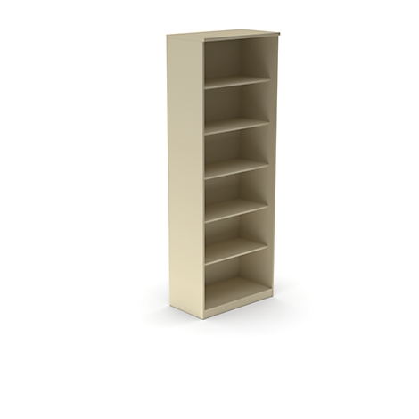 Beige boekenkast met zes planken tegen een witte achtergrond. De randen zijn afgerond.