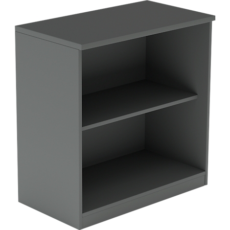 Grijs boekenrek met twee planken. Het rechthoekige meubel is eenvoudig en modern.