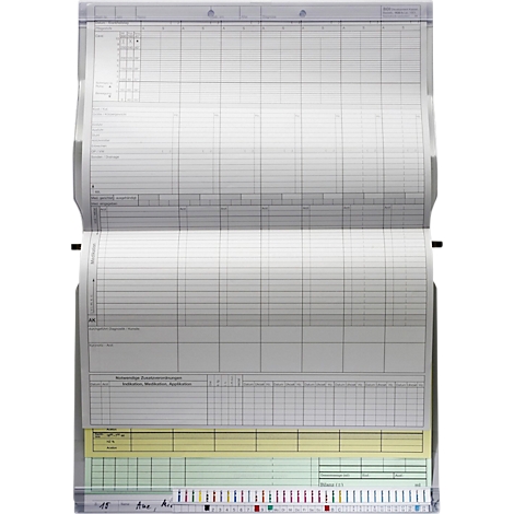 Offenes, liniertes Notizbuch. Gelbe, grüne und farbige Streifen am unteren Rand, darauf Schriftzüge.