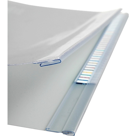 Nahaufnahme eines durchsichtigen Aktenordners mit blauer Klemme und bunten Blättern.