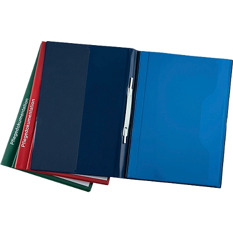 Blue, red, and green binders. The blue binder is open. The side says "Pflegedokumentation".