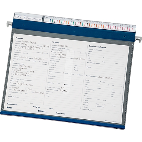 Blauw-grijze hangmap met gelabelde aantekeningen en gekleurde markeringen.