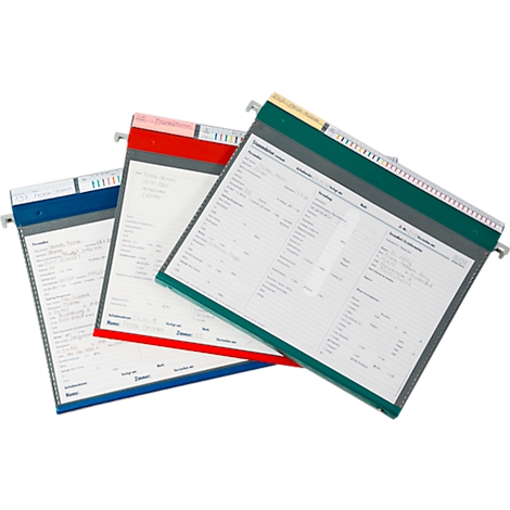 Drie gekleurde hangmappen met formulieren. Blauw, rood en groen, met metalen clips.
