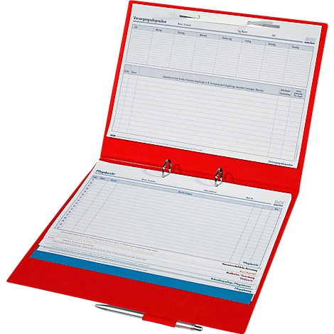 Red folder with open pages. Inside are sheets with tables and a pen.