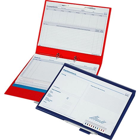 Roter Ordner mit Papier, blauem Schreibbrett und Stift. Formulare mit Spalten, blau-rote Akzente. Beschriftung.