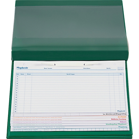 Grüner Pflegebericht, geöffnet, mit Tabellen und Text. Deckel oben, weißes Papier mit Linien darunter.