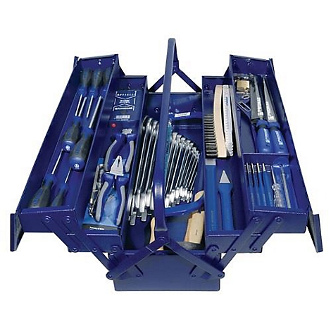 Boîte à outils bleue avec compartiments ouverts remplis d'outils, tournevis, pinces, clés.