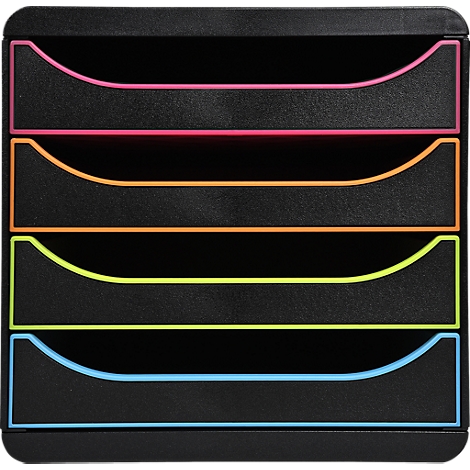 Organisateur de documents noir avec des bords colorés en rose, orange, jaune et bleu.